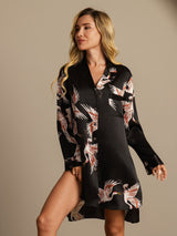 [Black] SilkSilky  19Momme Long Sleeve Notch Collar Nightshirt 002
