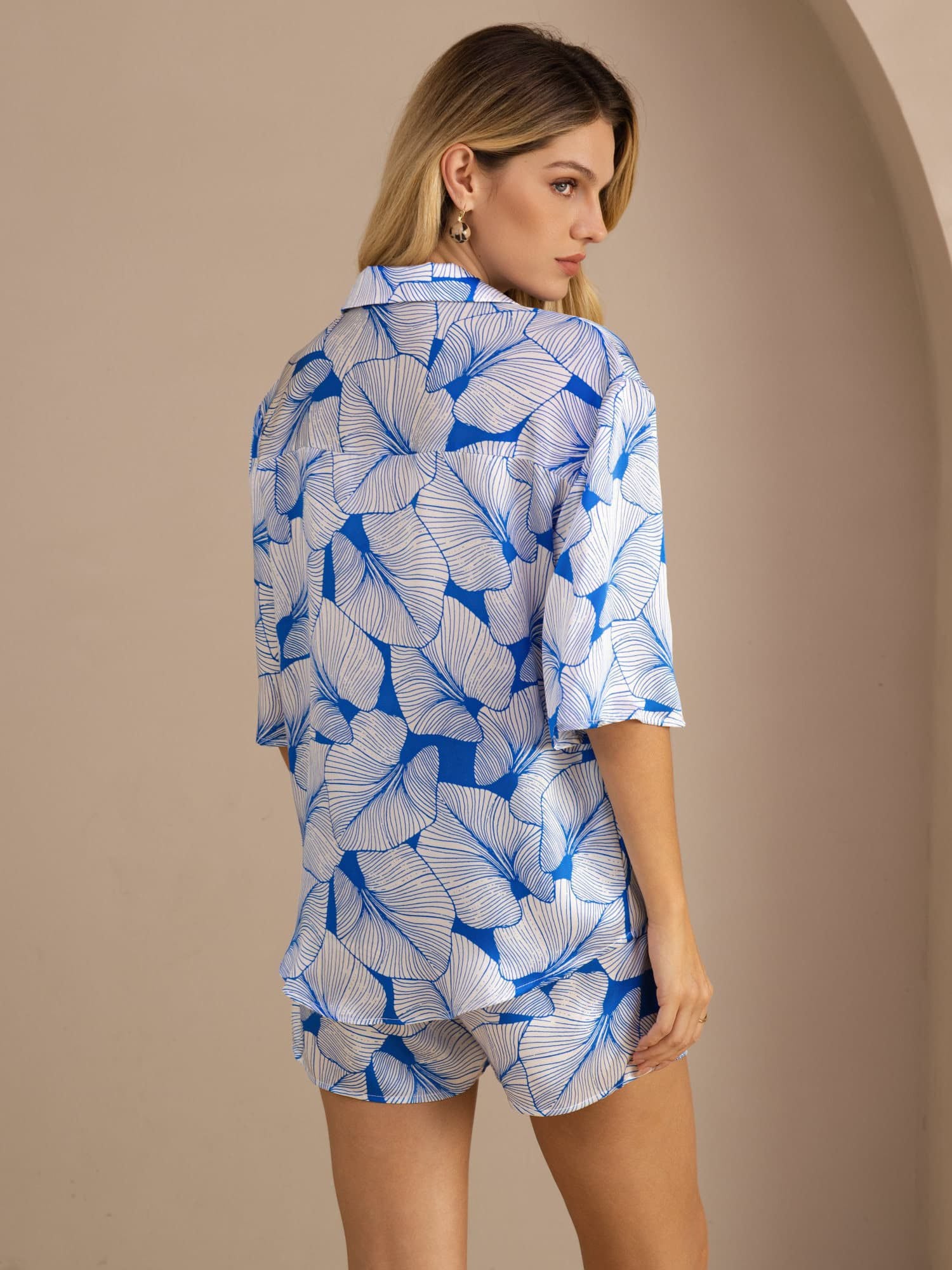 [Ice Leaf] SilkSilky Short Sleeve Notch Collar Women's Pajamas 002
