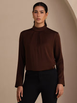 [Coffee] SilkSilky  Long Sleeve Stand Collar Women's Blouse 004