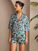 [Teal Botanical] SilkSilky Short Sleeve Notch Collar Women's Pajamas 003