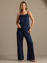 [Dark Blue] SilkSilky  19Momme Machine-Washable Silk Spaghetti Strap Scoop Neck Camisole Set 004