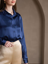 [Dark Blue] SilkSilky  19Momme Stretch Silk Charmeuse Long Sleeve Lapel Collar Women's Shirt 006