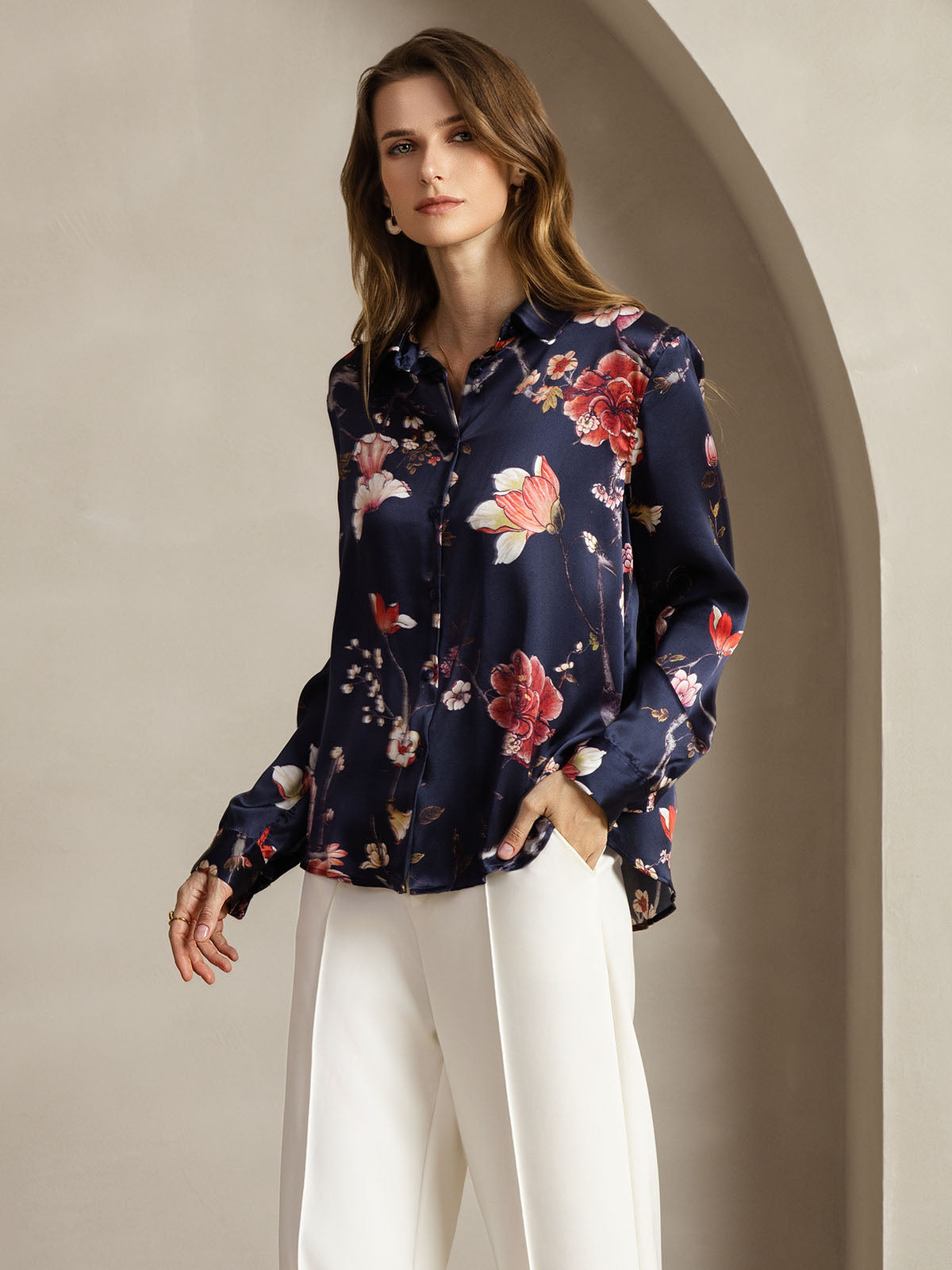[Navy Floral] SilkSilky  Silk Lapel Collar Women's Shirt 006