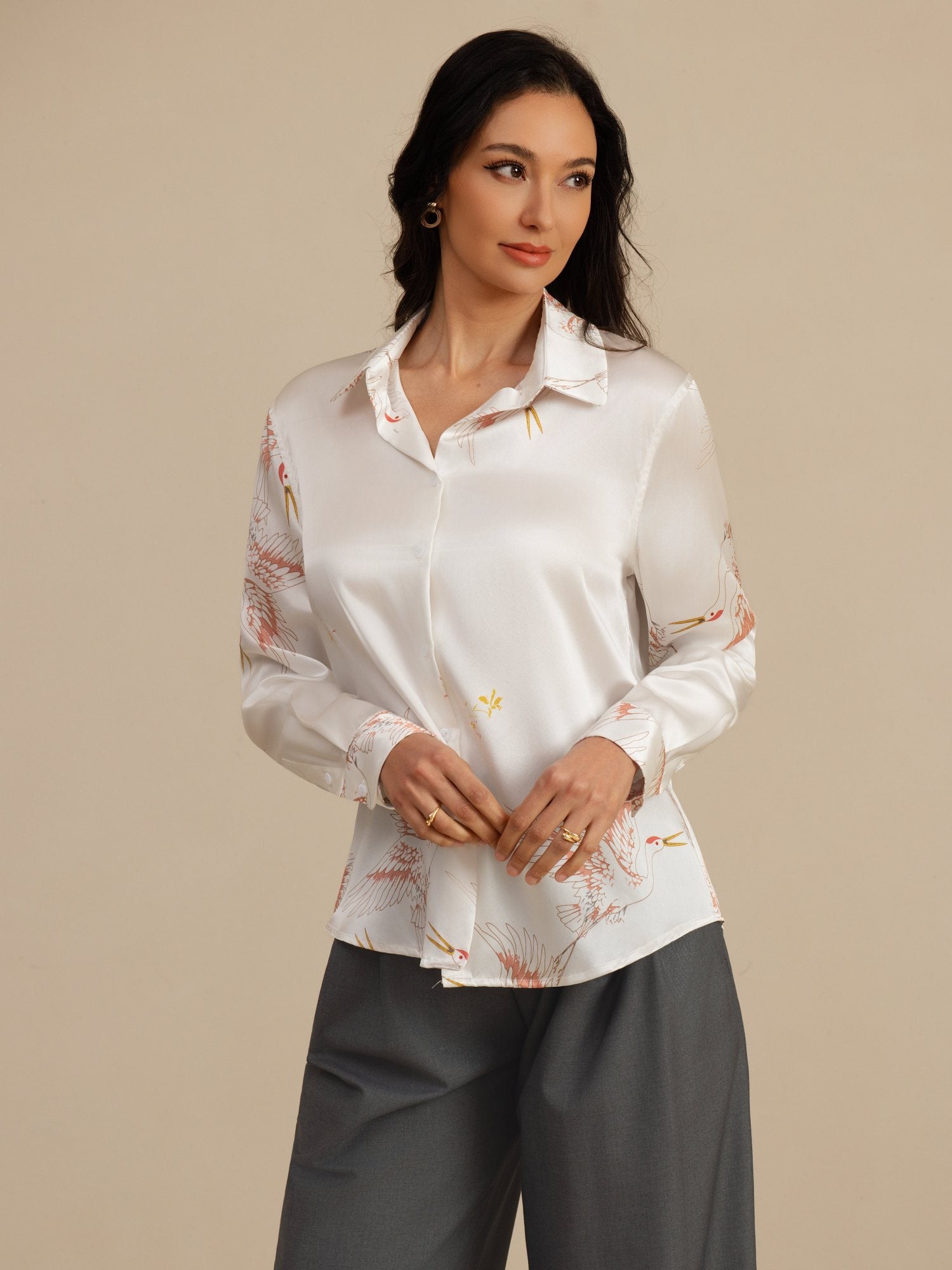 [White] SilkSilky  19Momme Long Sleeve Lapel Collar Women's Shirt 004