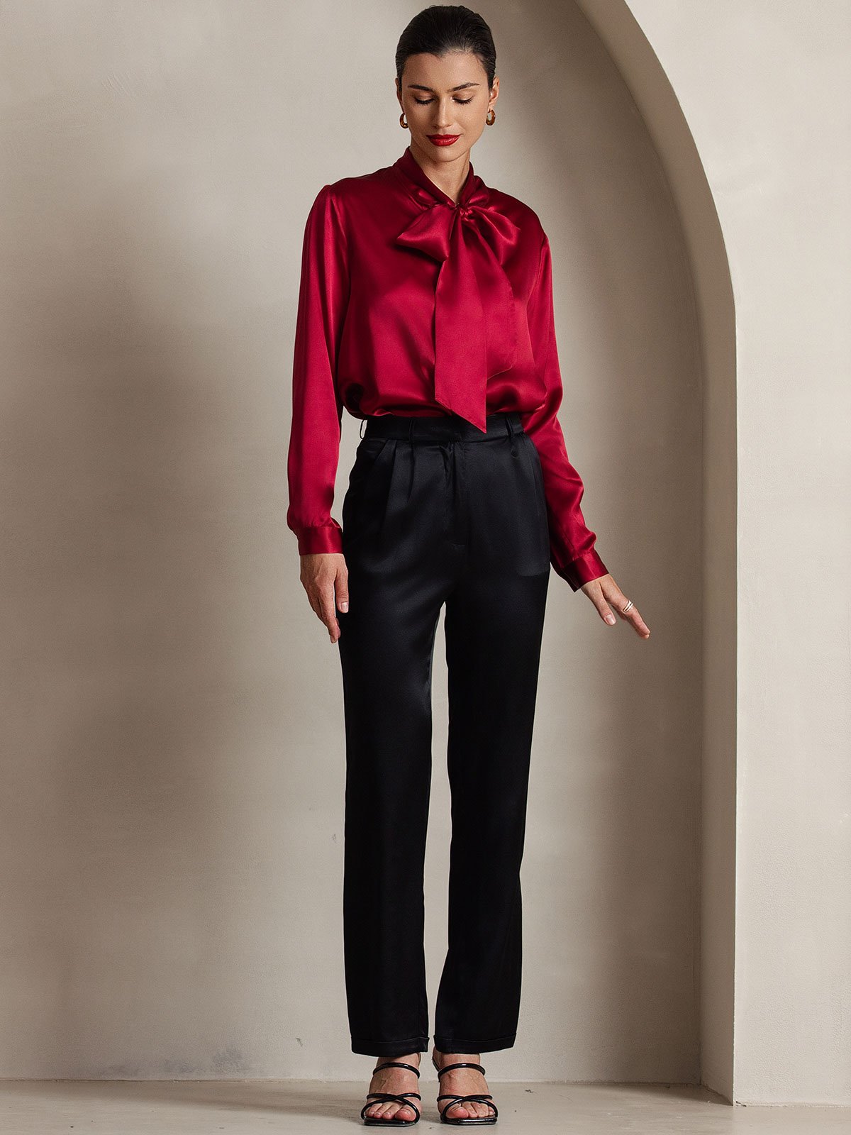 [Wine] SilkSilky 19Momme Silk Long Sleeve Tie Neck Women's Shirt 005