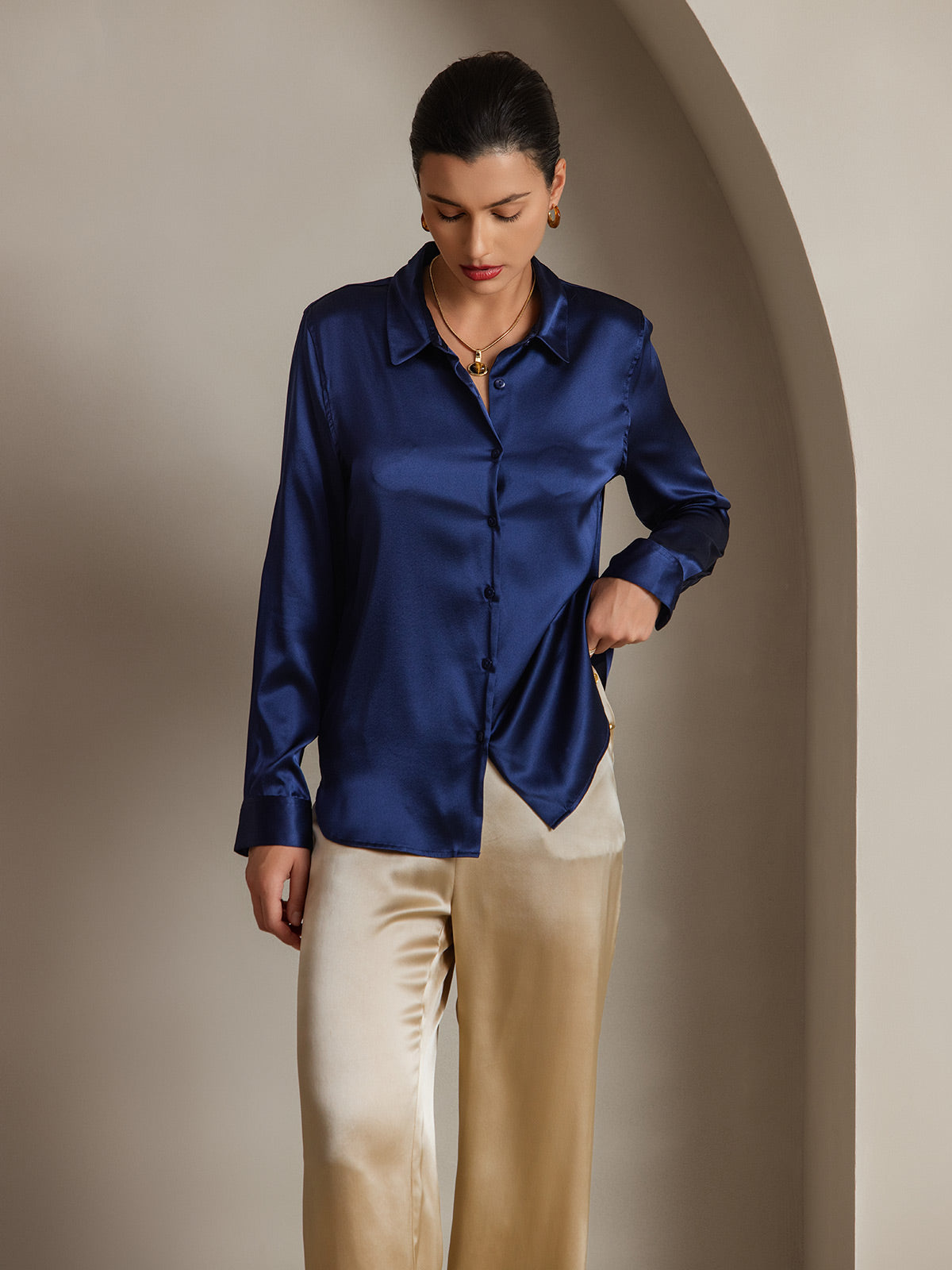 SilkSilky  Silk Long Sleeve Collar Women's Shirt DarkBlue 003