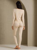 [Beige] SilkSilky  Long Sleeve V Neck Women's Long Johns 002