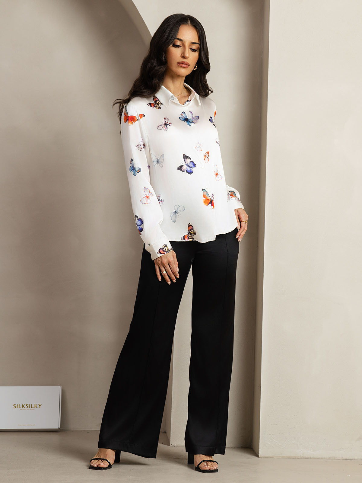 [White Butterfly] SilkSilky  Silk Lapel Collar Women's Shirt 007