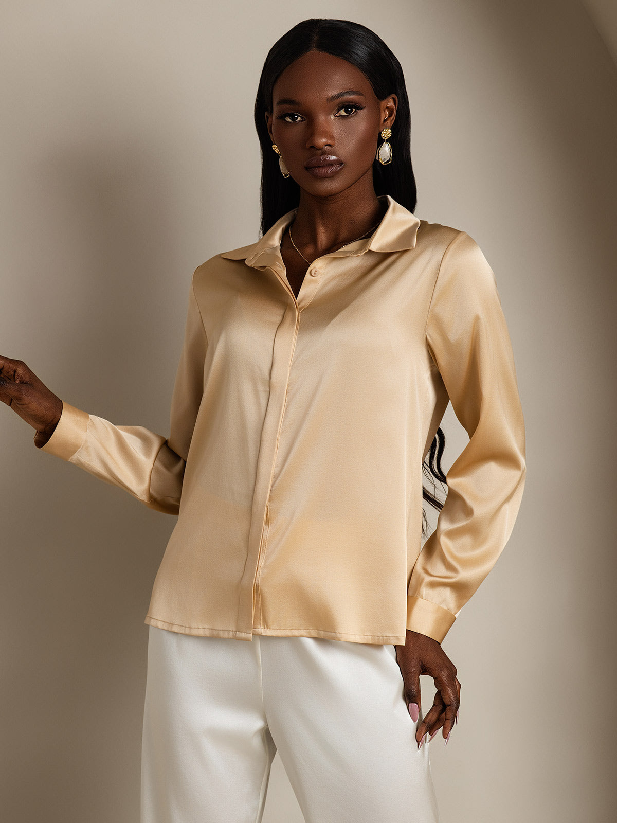 SilkSilky  19Momme Silk Blend Long Sleeve Collar Women's Shirt Champagne 004