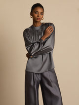 [Dark Gray] SilkSilky  19Momme Stretch Silk Charmeuse Long Sleeve Round Neck Blouse 005