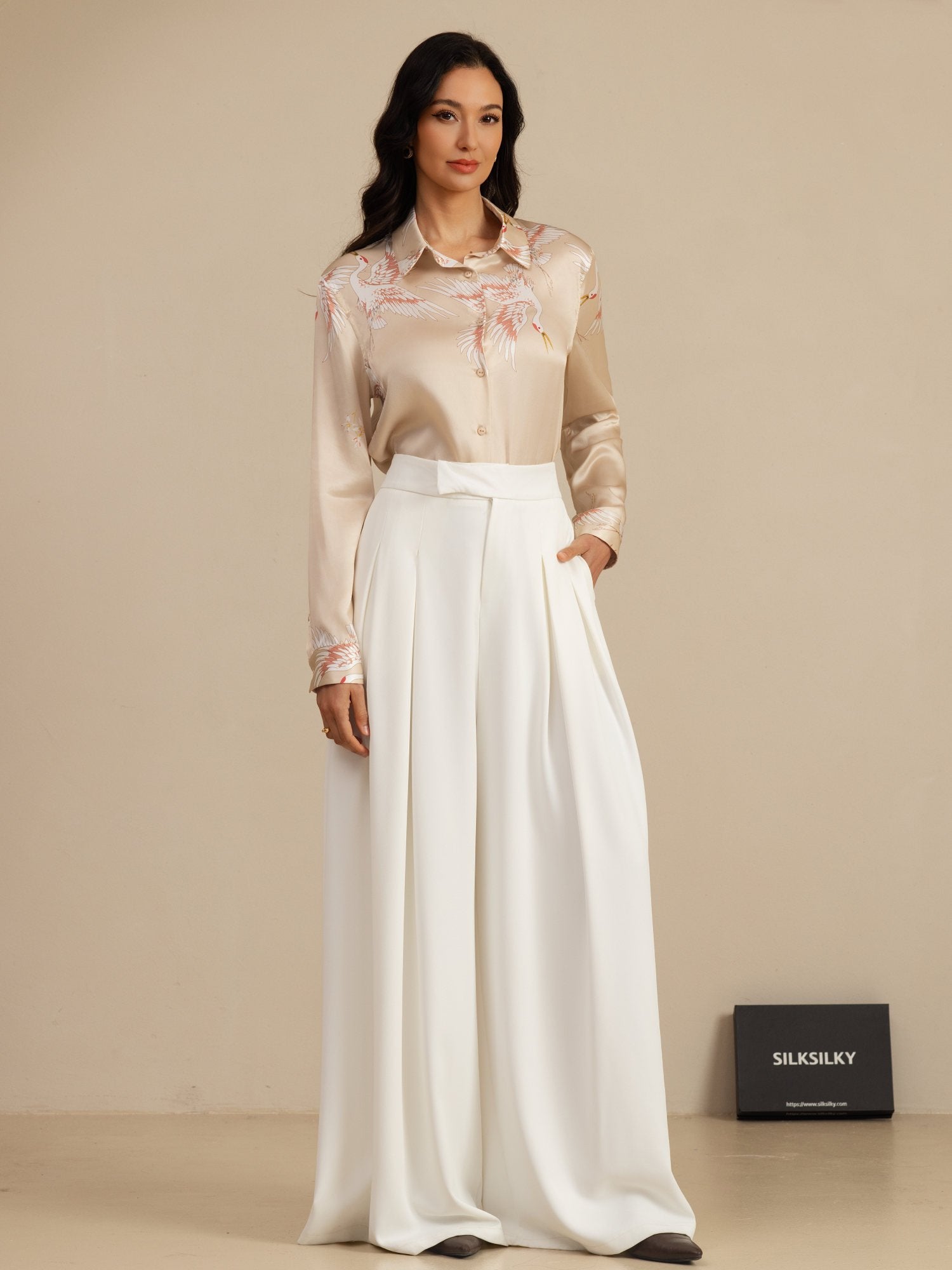 [Champagne] SilkSilky  19Momme Long Sleeve Lapel Collar Women's Shirt 006