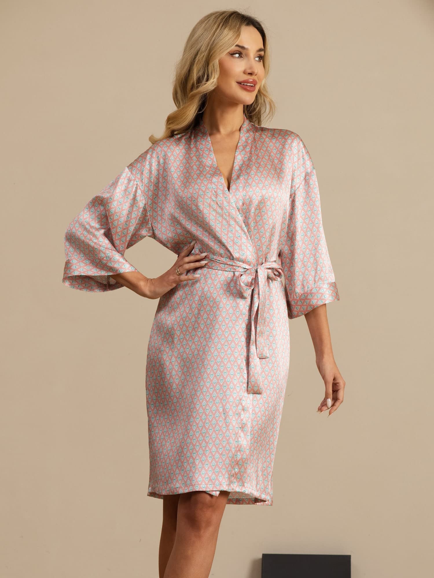 [Pink Heart Geo] SilkSilky  3/4 Sleeve Women's Robe 001