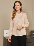 SilkSilky US 19Momme Silk Blend Long Sleeve Stand Collar Women's Shirt Beige 001