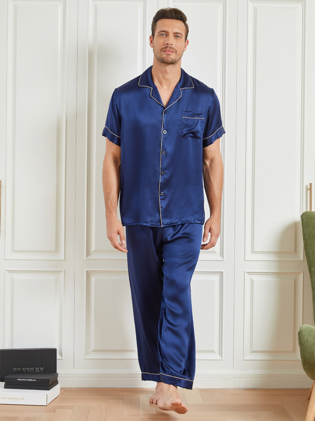[Dark Blue] SilkSilky  19Momme Short Sleeve Men's Pajamas 001