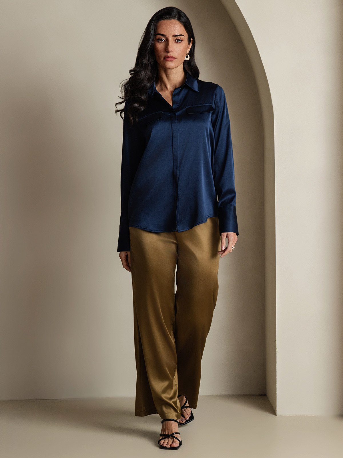 SilkSilky 19Momme Silk Long Sleeve Collar Women's Shirt DarkBlue 007