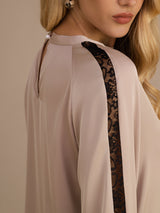 [Tan] SilkSilky Long Sleeve Keyhole Neck Women's Blouse 005