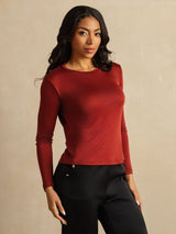 [Fired Brick] SilkSilky  100% Silk Jersey Long Sleeve Crew Neck Women's T-Shirt 007