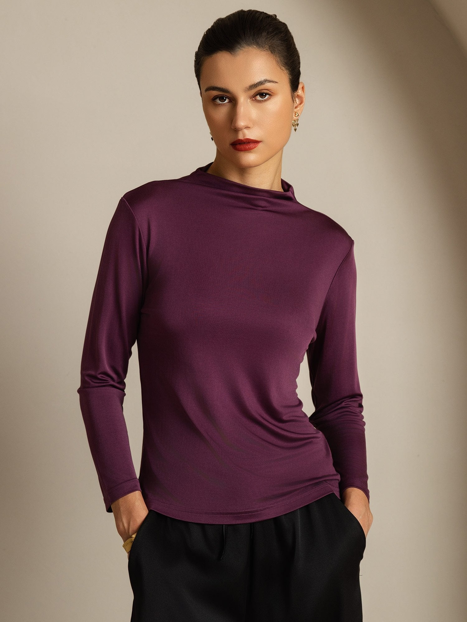 [Purple] SilkSilky  Pure Silk High Neck Women's T-Shirt 001