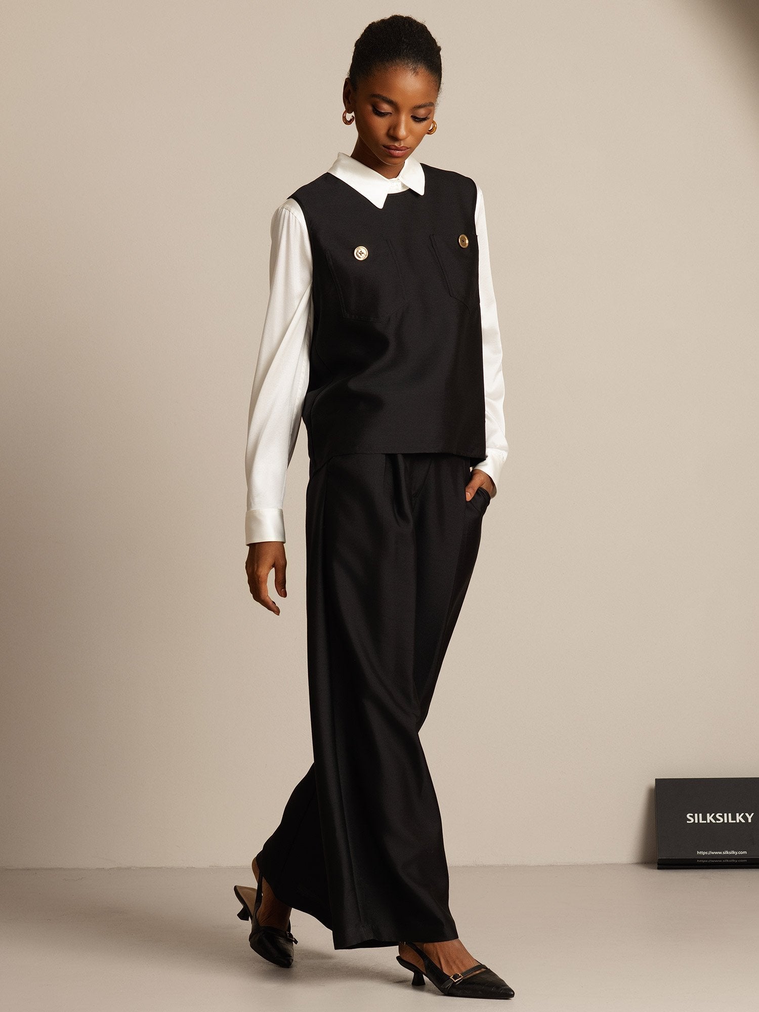 [Black] SilkSilky  32Momme Silk Womens Vest 006,