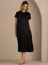 [Black] SilkSilky Short Sleeve Round Neck Dress 003