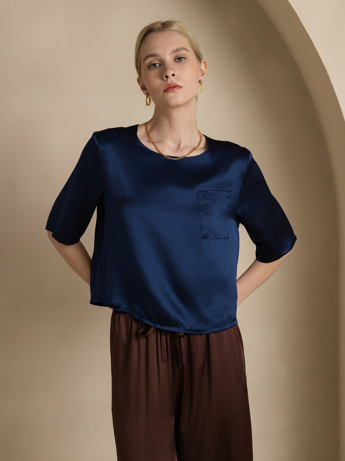 [Dark Blue] SilkSilky  Pure Silk Boat Neck Women's T-Shirt 001