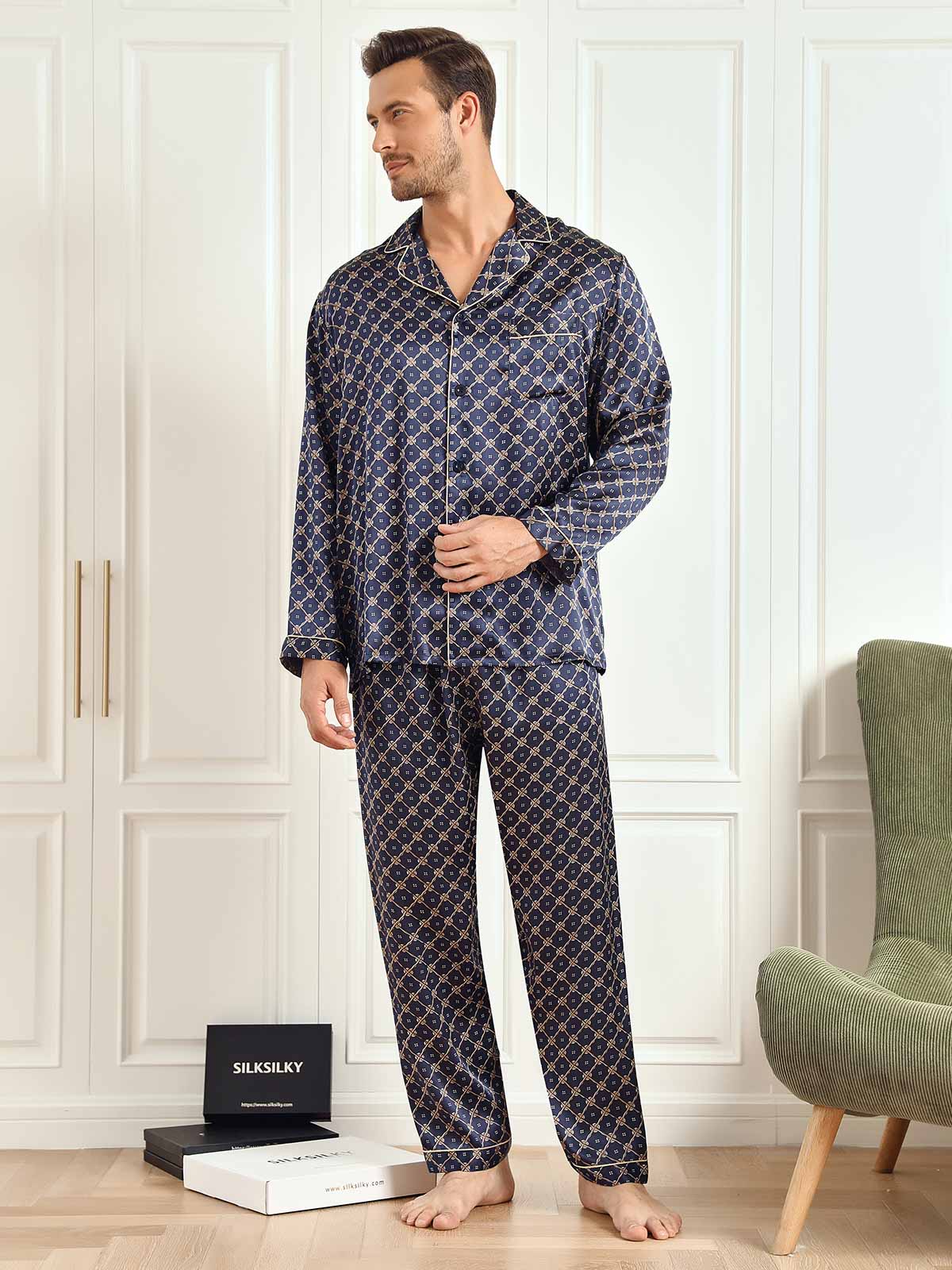 SilkSilky US 19Momme Pure Silk Long Sleeve Lapel Men's Pajamas DarkBlue 006