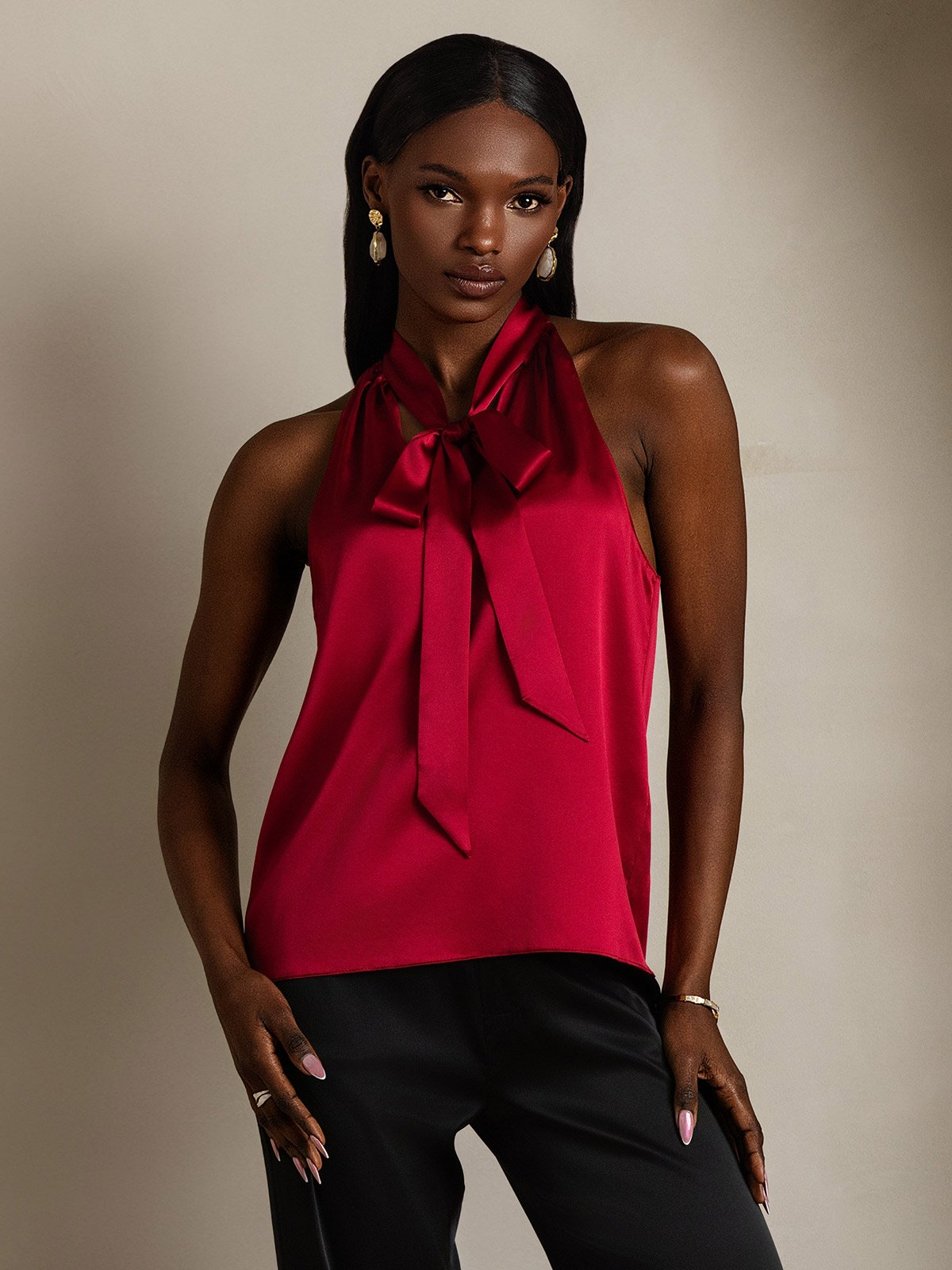 SilkSilky  19Momme Silk Sleeveless Tie Neck Women's Shirt Wine 001