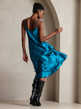 [Teal] SilkSilky  Spaghetti Strap V Neck Dress 002