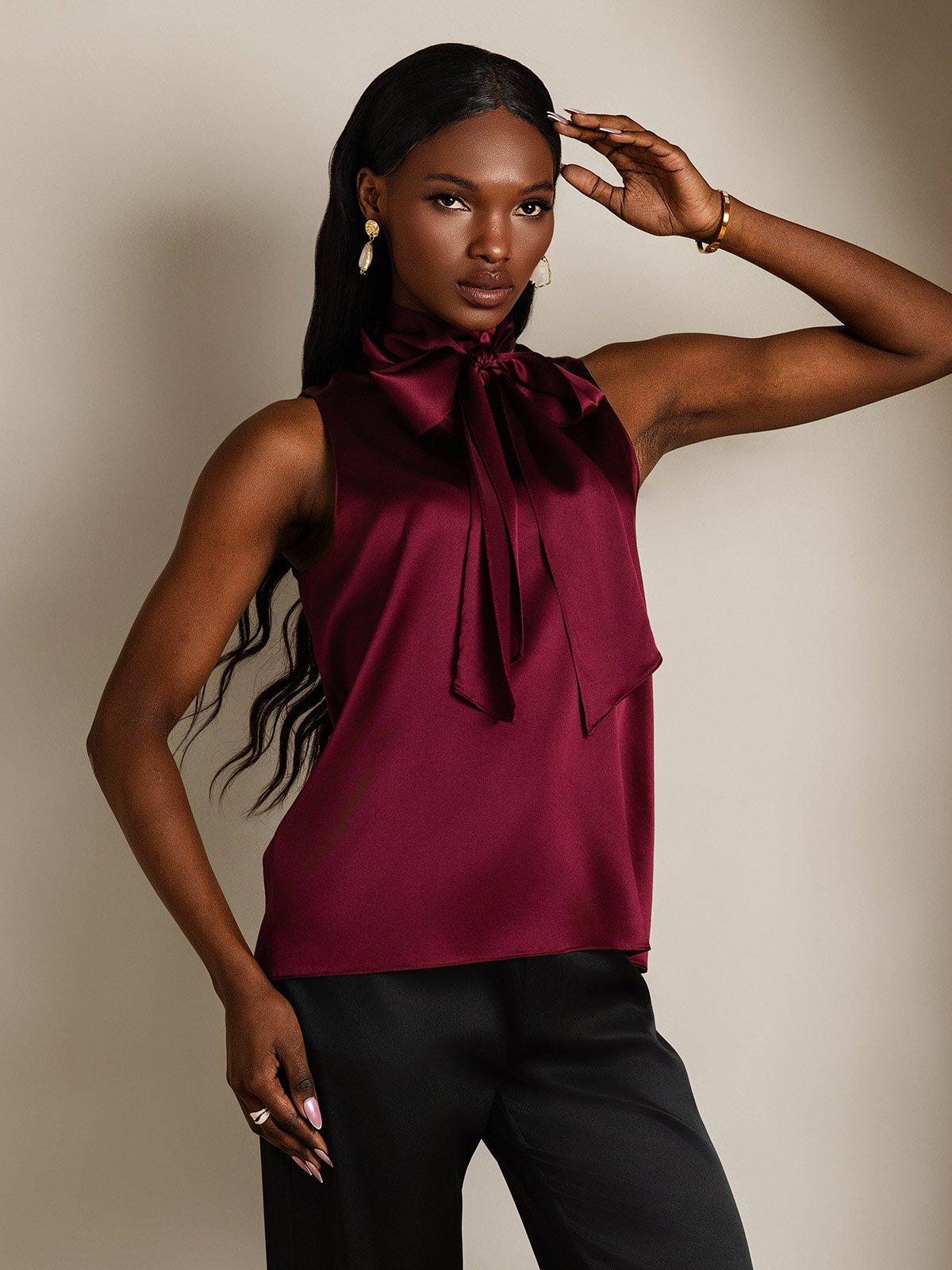 SilkSilky 19Momme Silk Tie Neck Women's Shirt DarkRed 004