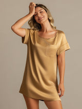 [Tan] SilkSilky  19Momme Machine-Washable Silk Short Sleeve Round Neck Nightgown 007