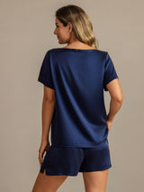 [Dark Blue] SilkSilky  Short Sleeve Round Neck Women's Pajamas 002