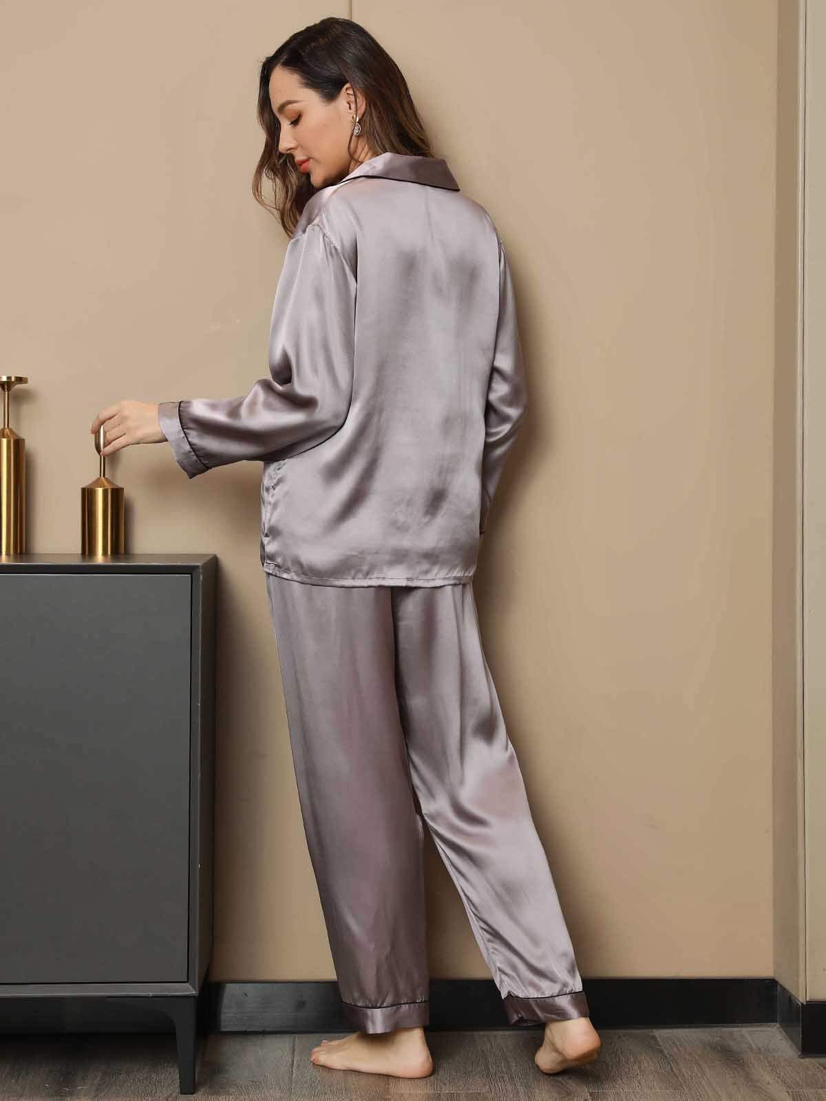 SilkSilky US Pure Silk Long Sleeve Lapel Women's Pajamas Gray 002