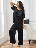 SilkSilky US Pure Silk Short Sleeve V Neck Women's Pajamas Black 001