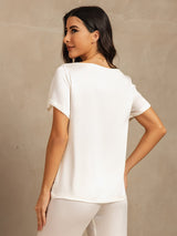 [White] SilkSilky  19Momme Machine-Washable Silk Short Sleeve Women's Pajamas 002