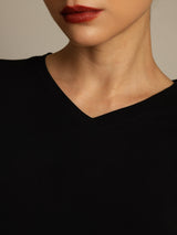 [Black] SilkSilky  100% High-Twist Silk Jersey Short Sleeve V Neck Women's T-Shirt 004