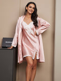 SilkSilky US Pure Silk Long Sleeve V Neck Nightgown&Robe Set Pink 004