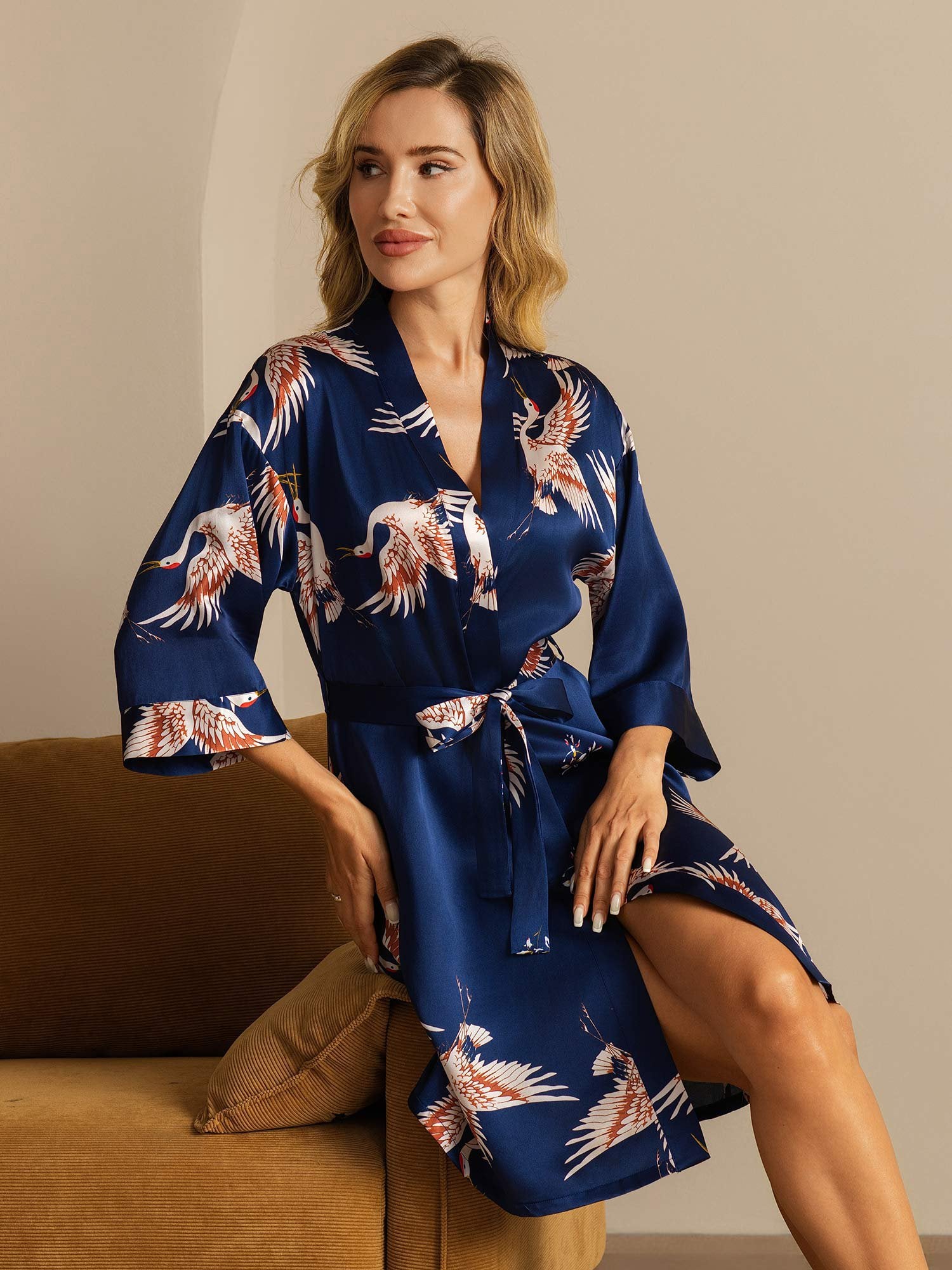 [DarkBlue] SilkSilky 19Momme Pure Silk Wrap Women's Robe 001