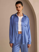 [Blue Pinstripe] SilkSilky Long Sleeve Lapel Collar Women's Outfit Sets 004