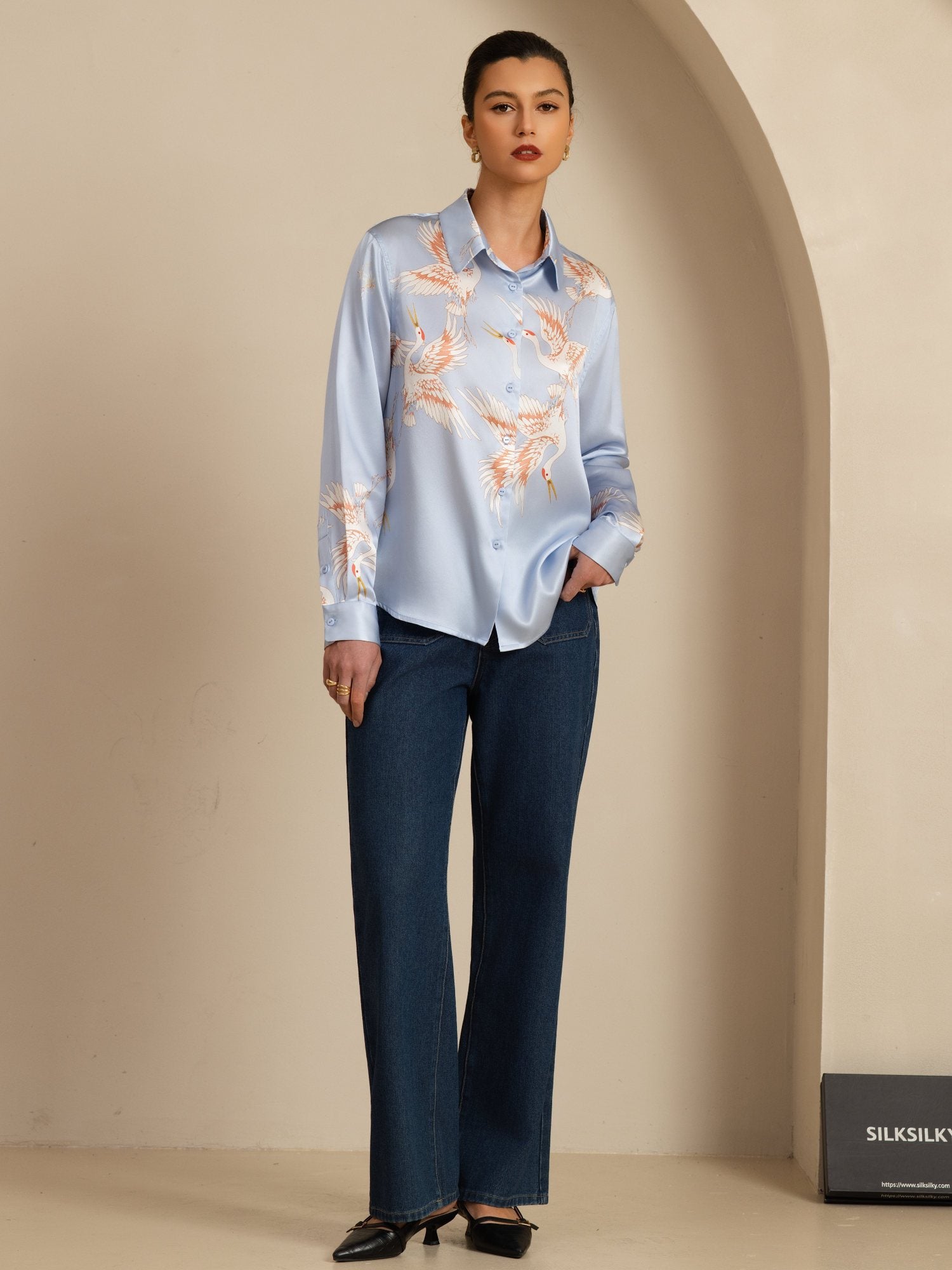 [Light Blue] SilkSilky  19Momme Long Sleeve Lapel Collar Women's Shirt 008