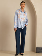 [Light Blue] SilkSilky  19Momme Long Sleeve Lapel Collar Women's Shirt 008