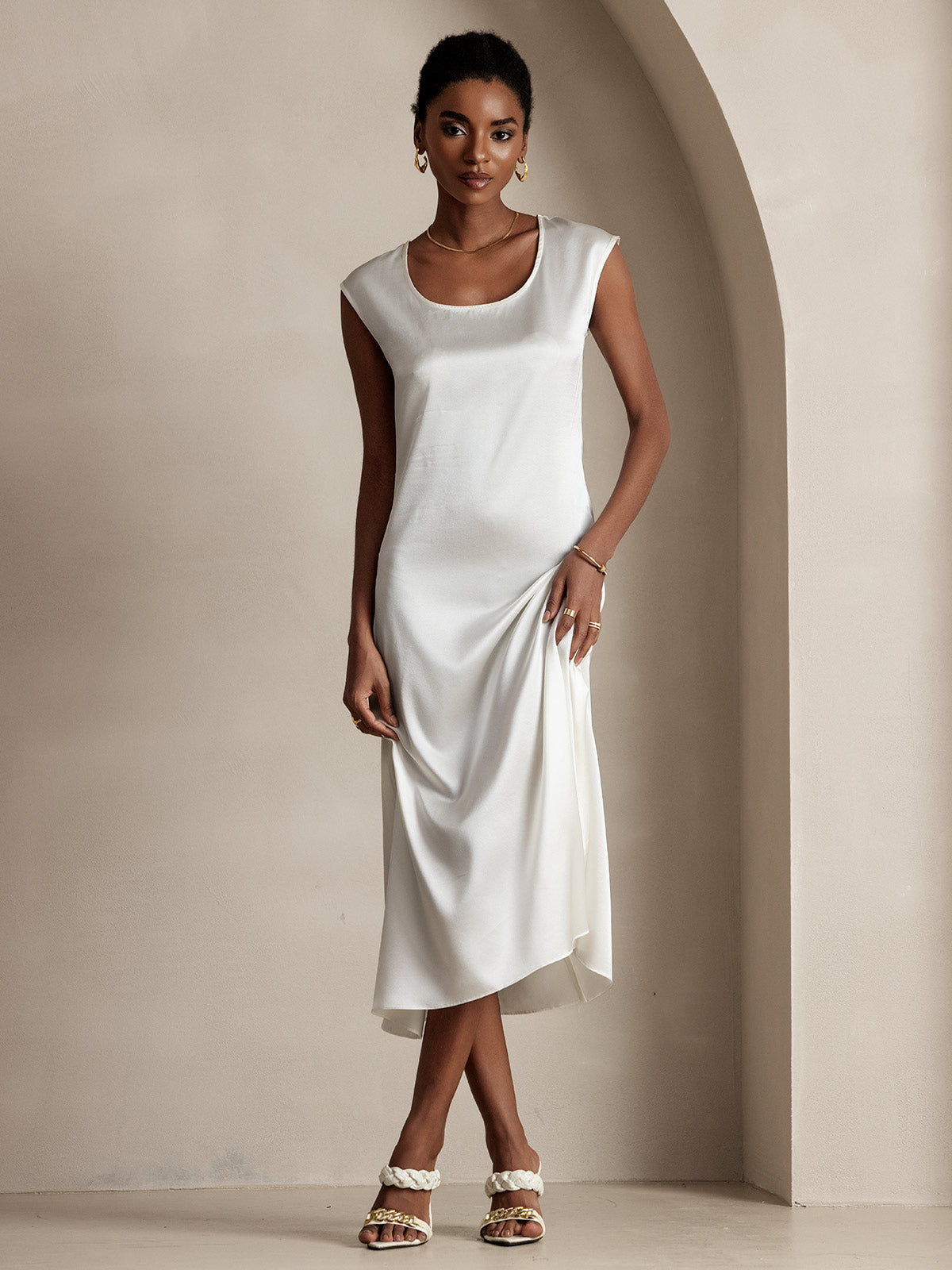 SilkSilky  19Momme Silk Sleeveless Round Neck Dress White 001