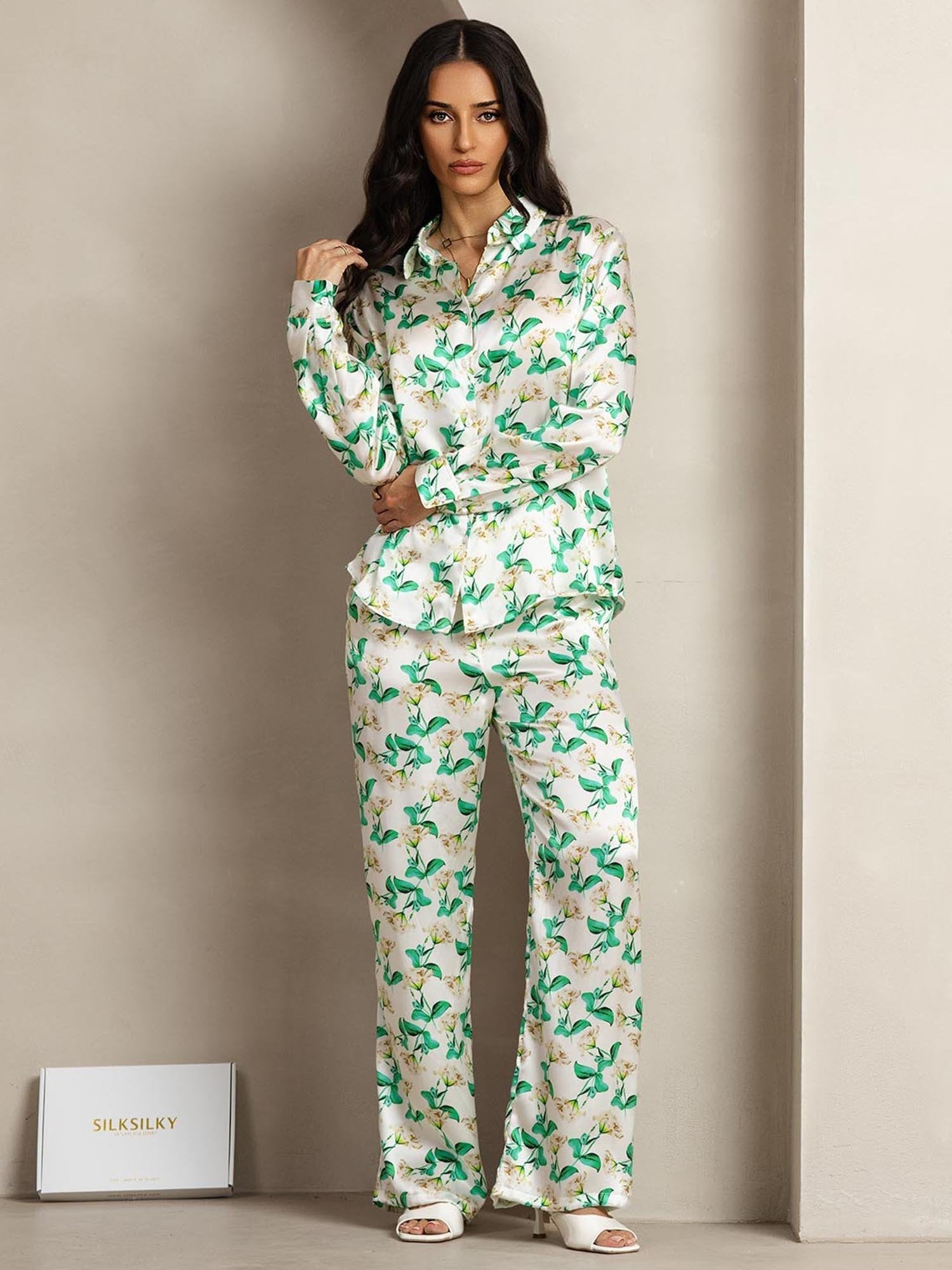 [Green Floral] SilkSilky  19Momme Silk Lapel Collar Women''s Outfit Sets 004