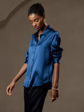 SilkSilky US Silk Blend Long Sleeve Collar Women's Shirt Teal 006