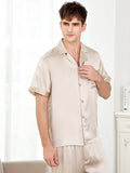 SilkSilky US 19Momme Pure Silk Short Sleeve Lapel Men's Pajamas Beige 002