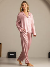 [Peach Skin] SilkSilky  19Momme Machine-Washable Silk Long Sleeve Notch Collar Women's Pajamas 006