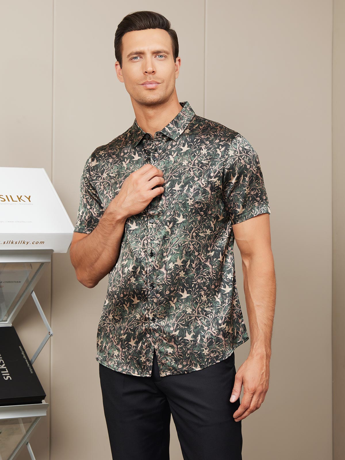 SilkSilky US Silk Blend Short Sleeve Collar Men's Shirt GrayishGreen 006