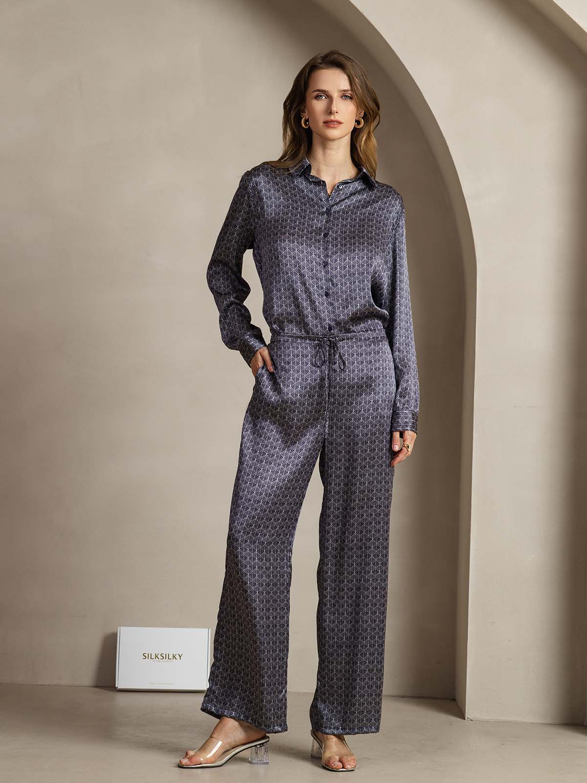 [Navy Ginkgo] SilkSilky  19Momme Silk Womens Pants 004