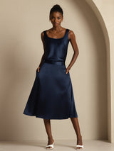 [Dark Blue] SilkSilky  19Momme Stretch Silk Charmeuse Skirt 006