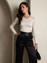 [Beige] SilkSilky  Silk Jersey Long Sleeve Round Neck Women's T-Shirt 006