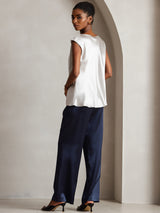 [Light Gray] SilkSilky  19Momme Stretch Silk Charmeuse Cap Sleeve Cowl Neck Women's T-Shirt 004